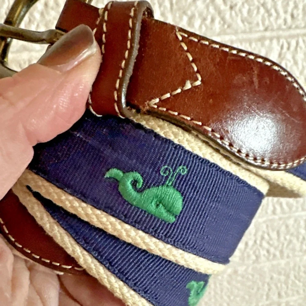 J. Crew Navy Canvas Belt with Green Whale Embroidery & Brown Leather Trim 34